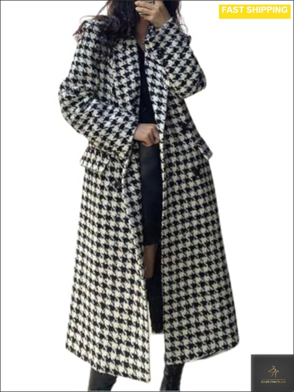 Wool Blend Houndstooth Trench Coat Notch Lapel Double Breasted Peacoat